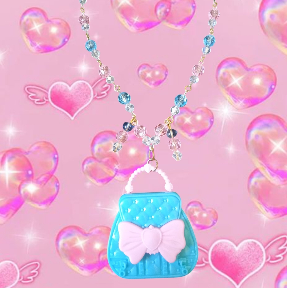 Blue Beaded Necklace with Heart Purse Pendant
